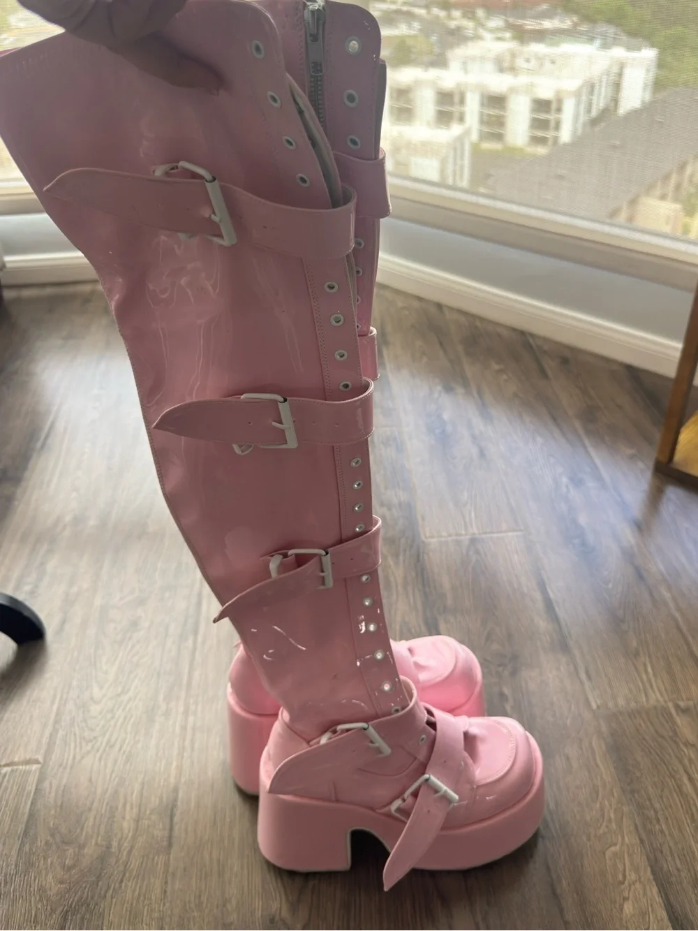 DEMONIA Platform Knee-High Buckle Boots - Pink